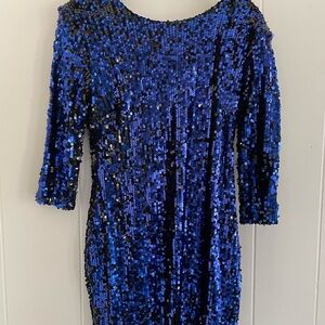 Blue sequin 3/4 sleeve mini dress.